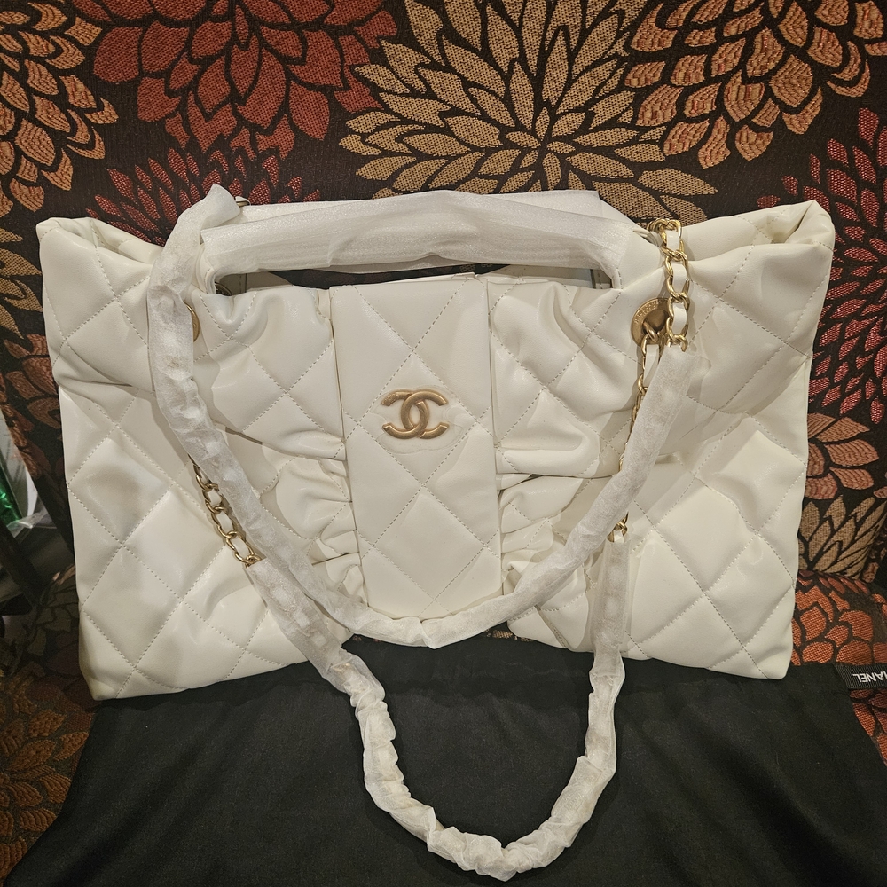 White Quilted Tote with Gold Chain and Logo Accent